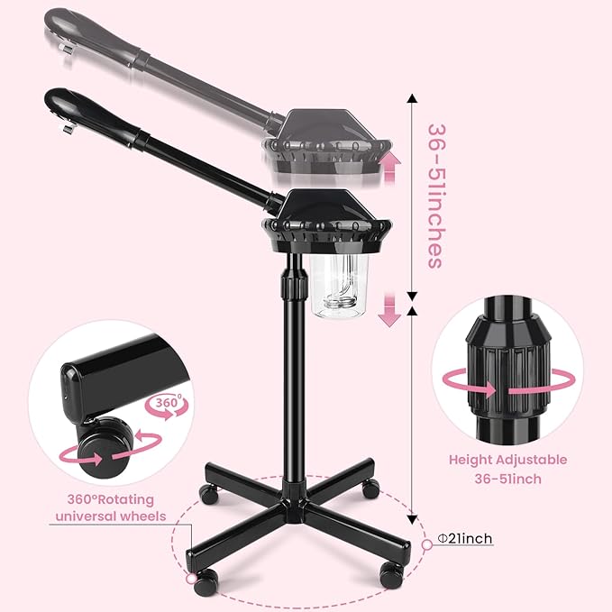 Professional Facial Steamer, Facial Steamer on Wheels with More Steam, Adjustable Height and Angle, Face Steamer for Deep Cleansing and Hydration, Estheticians Steamer for Beauty, Spa and Home Use