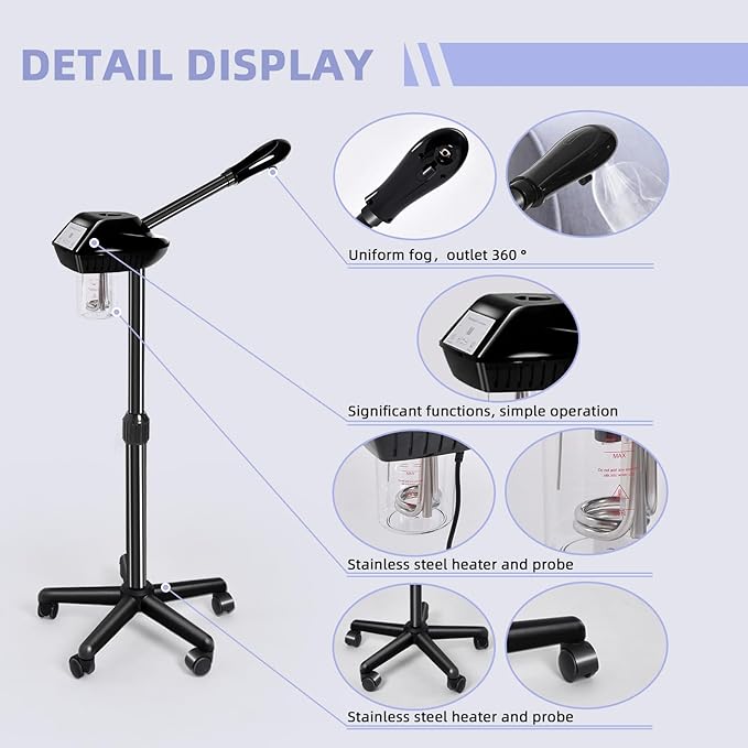 Retain time Facial Steamer, Face Steamer on on Wheels with More Steam, Adjustable Height for Face Steamer Suitable for Personal Home and Professional Personal Care Places，Moisturizing and Hydrating.