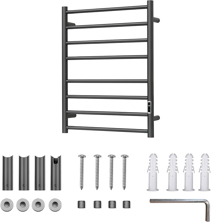 Heated Towel Racks for Bathroom, Wall Mounted Electric Towel Warmer Racks with Timer & Temperature Control, Stainless Steel Towel Heater for Bathroom (Round-Gunmetal Grey, 8 Bars)
