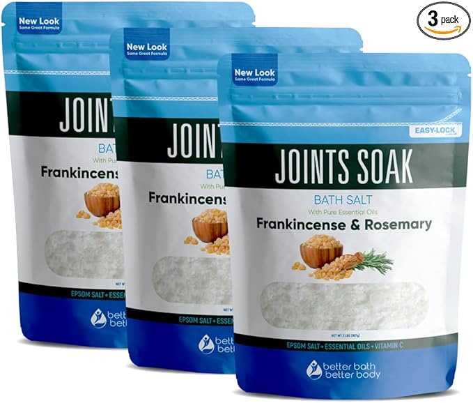 Joints Bath Soak (3 Pack) Soothing Epsom Salt with Rosemary and Frankincense Essential Oils Plus Vitamin Crystals in BPA Free Pouch Three 2 lbs Pouches 6 Lbs Total