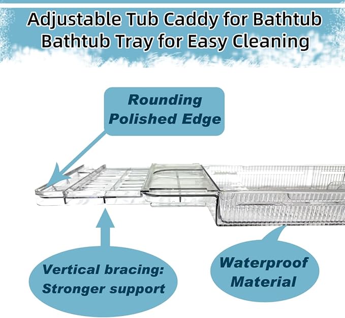 Large Capacity Adjustable Bath Tub Tray - Transparent Acrylic Rectangular Modern Bathroom Tray - Easy Clean, Sturdy Durability - Fits Most Bathtubs (Extended Edition)