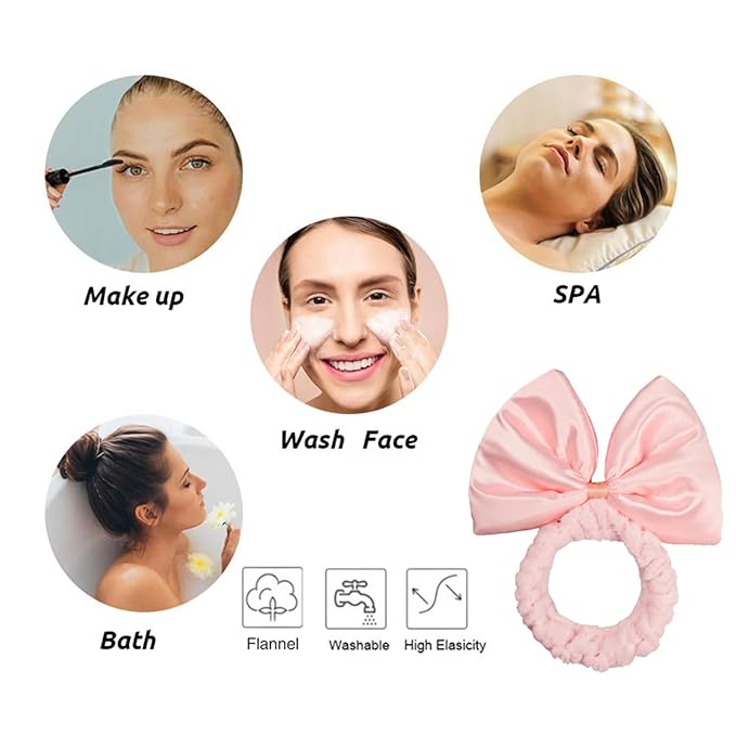 JIAHANG Large Bow Facial Spa Headband, Morning Wash Skincare Satin Bow Hairband for Women Girls