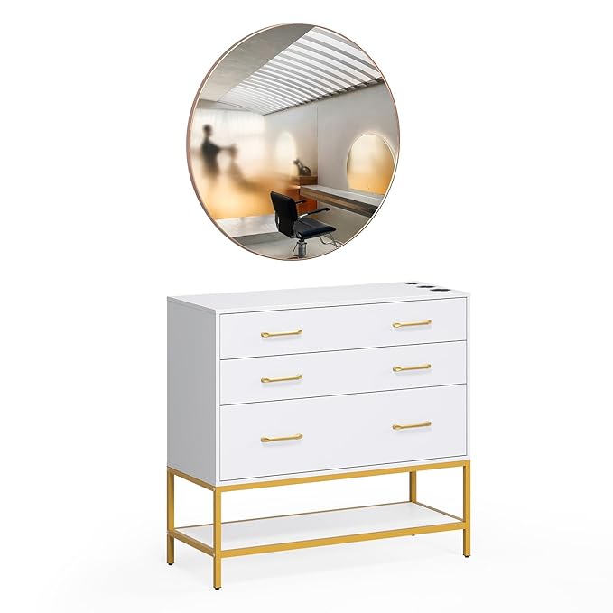 OmySalon Salon Stations for Hair Stylist, Barber Station with Mirror, 3 Drawers, Shelf & Tool Holders, Hair Storage Cabinet Organizer Table for Beauty Spa, White