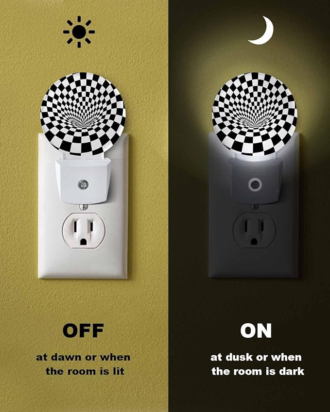 Night Lights Auto Sensor Black White Checker Night Light 3D Abstract Mosaic Tiles Round Lamp Plug-in LED Nightlights Dusk to Dawn for Living Room Bedroom Bathroom Hallway Wall Decor