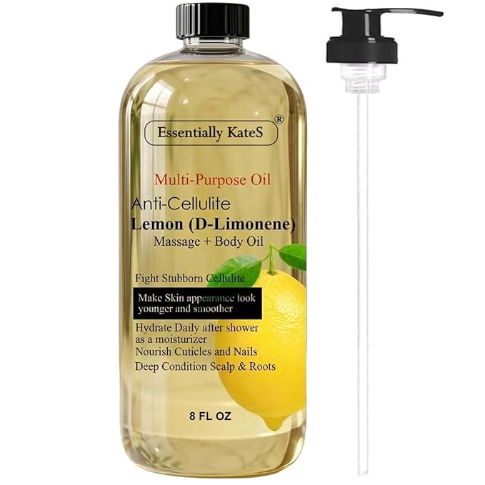 Essentially KateS Lemon (D-Limonene) Massage Lotion Body Oil Multi-Purpose Oil 8 Fl Oz - Cellulite Massage, After-Shower Moisturizer, Hair Scalp Conditioning, and Nail & Cuticles Nourishing