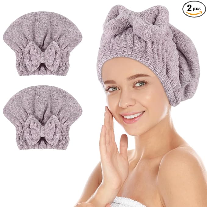 SUNLAND Large Microfiber Hair Drying Caps with Bow knot Fast Drying Shower Cap Soft and Absorbent hairWrap Hair Turban Bath Caps for Curly Thick and wet Hair 11 X 13.4 inch 2 Pack Purple