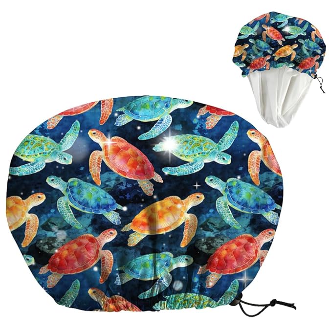 Sea Turtle Reusable Shower Cap Ocean Double Layer Waterproof Shower Caps Large Elastic Hair Cover Adjustable Hair - Drying Caps for Woman Man Bath SPA Travel One Size Fits Most