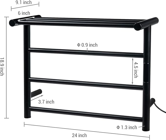 MyGift 4 Tier Wall Mounted Bathroom Towel Warmer Rack with Top Shelf and LED Panel, Premium Hotel Series Matte Black Stainless Steel Electric Heater for Warming Towels