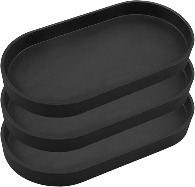 Black Small Tray (10 inch), 3 Pack Oval Tray for Kitchen Counter, Bathtub Bathroom Vanity Items, Countertop Organizer, Coffee Accessory, Bar, Serving Seasoning, Salt and Pepper, Soap.
