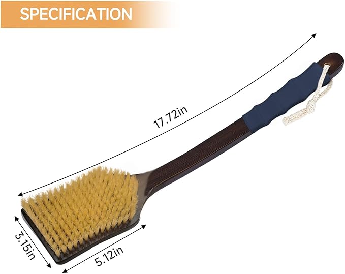 Back Scrubber Shower Brush,Dry Brushing Body Brush with 17.7 Inch Curved Long Handle, Natural Bristles for Lymphatic Drainage, Soft & Stiff Bristles Available (Gray Handle, Stiff)