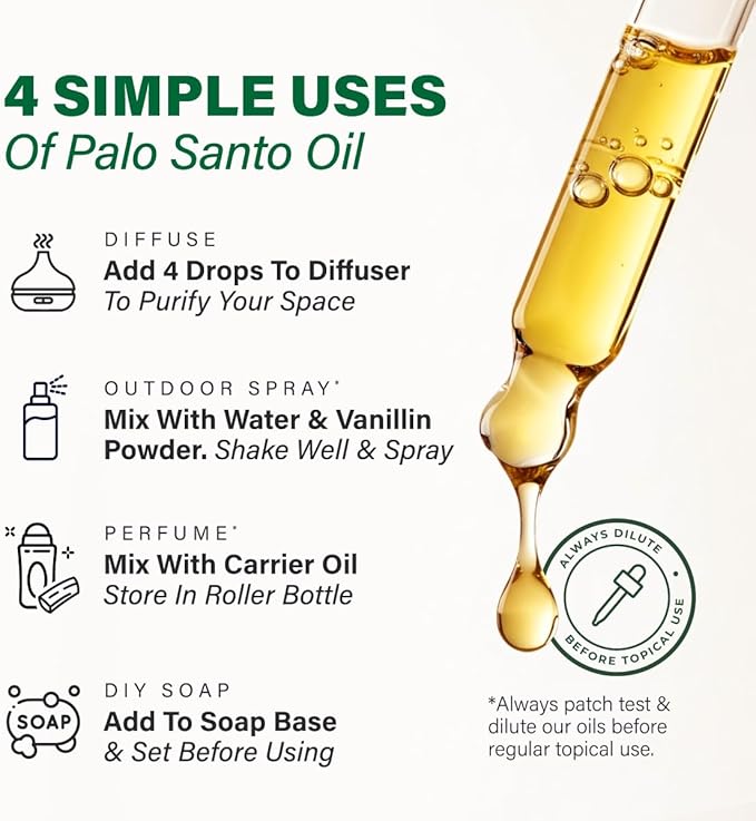 100% Pure Palo Santo Oil - 1 Fl Oz Palo Santo Essential Oil for Hair, Skin, Diffuser, Aromatherapy & DIY Soap Making Scent
