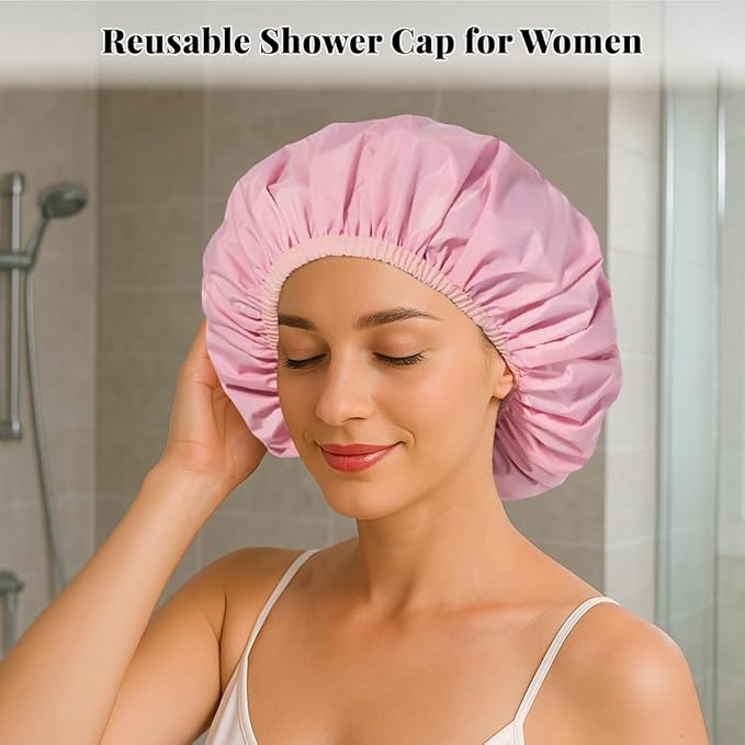 3 Pack Reusable Shower Caps for Women Waterproof, Large Hair Cap for Shower and Bath, Comfortable Bath Hat for Long Hair
