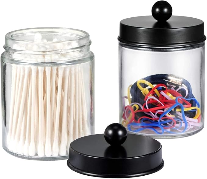 Amolliar 6Pc Apothecary Jars Bathroom Vanity Organizer- Rustic Farmhouse Decor Storage with Stainless Steel Lids- Qtip Dispenser Holder for Q-Tips, Cotton Swabs, Rounds, Ball, Flossers (Black)
