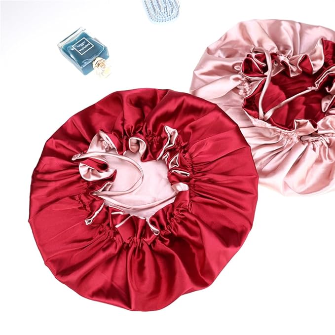 Adjustable Silk Satin Bonnet Hair Care Caps for Women Girls Loose-fitting Reversible Sleeping Cap Shower Caps Hair Wrap Bonnets (001 Wine/Blush)