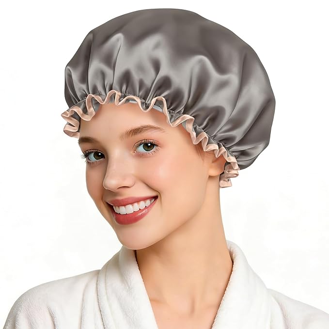 Waterproof Shower Caps for Women, Solid Color Dual-Layer Elastic Band Design Bath Hair Hat, Protects Hair In Shower, Spa, Cooking, Clean & Travel (Grey)
