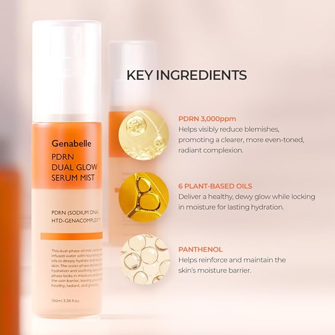 Genabelle PDRN Dual Glow Serum Mist – Hydrating Face Mist with Niacinamide, Collagen, Hyaluronic Acid Blend & Peptides – Lightweight Korean Skincare Spray, Glass Skin, Korean Skincare - 3.4 fl.oz