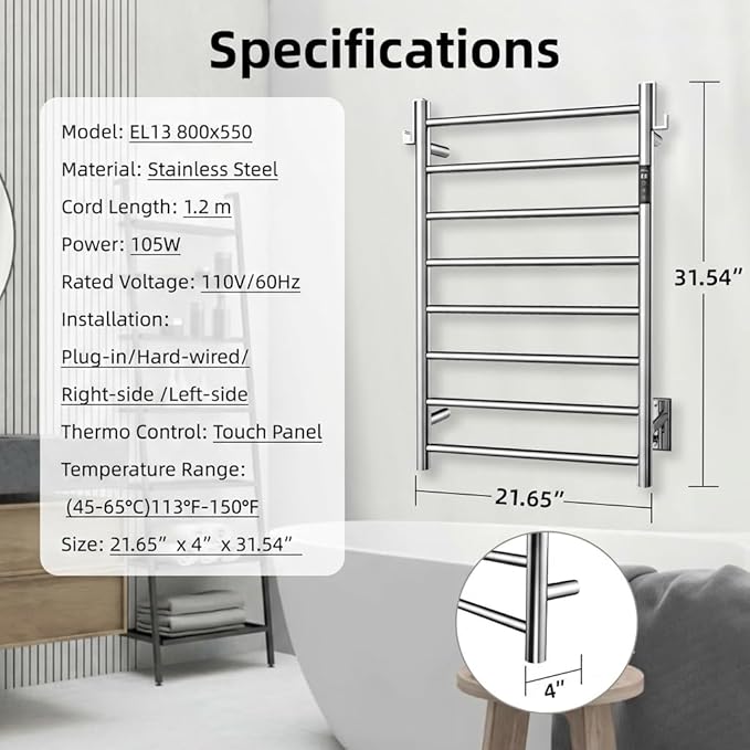 P&Dlusir Towel Warmer, Heated Towel Rack with Smart Timer and Thermo Control, Wall-Mounted Heated Towel Rail, Stainless Steel, Hard-Wired/Plug-in, Polished, 8 bar