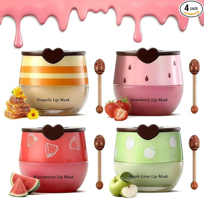 4PCS Bee Lip Balm Honey Pot, Vitamin E & Moisturizing Propolis Sleeping Lip Mask, Lip Balm Hydrating Prevention Dry and Crack Lip Scrubs Exfoliator Lip Wrinkle Care, Smoothing Dry Lip Care