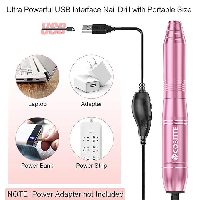 COSITTE Electric Nail Drill,USB Electric Nail Drill Machine for Acrylic Nail Kit,Portable Electric Nail File Polishing Tool Manicure Pedicure Kit Efile Nail Supplies for Home Salon,Pink