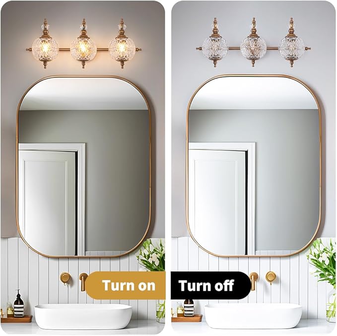Brushed Antique Brass Bathroom Vanity Light Fixture Vintage Style - 3 Light G9 Bulb Compatible, 23" Wide Bathroom Lighting Over Mirror with Hand-Etched Glass Shades, Easy Mount for Makeup Area