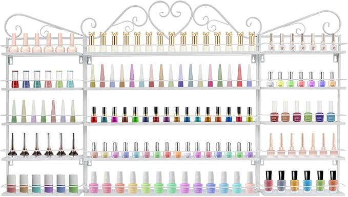 5 Tiers Wall-Mounted Nail Polish Storage Racks Metal Nail Polish Holder Cosmetic Display Case Lipstick Perfume Wall-Mounted Shelf for Home Spa Nail Salon Shop