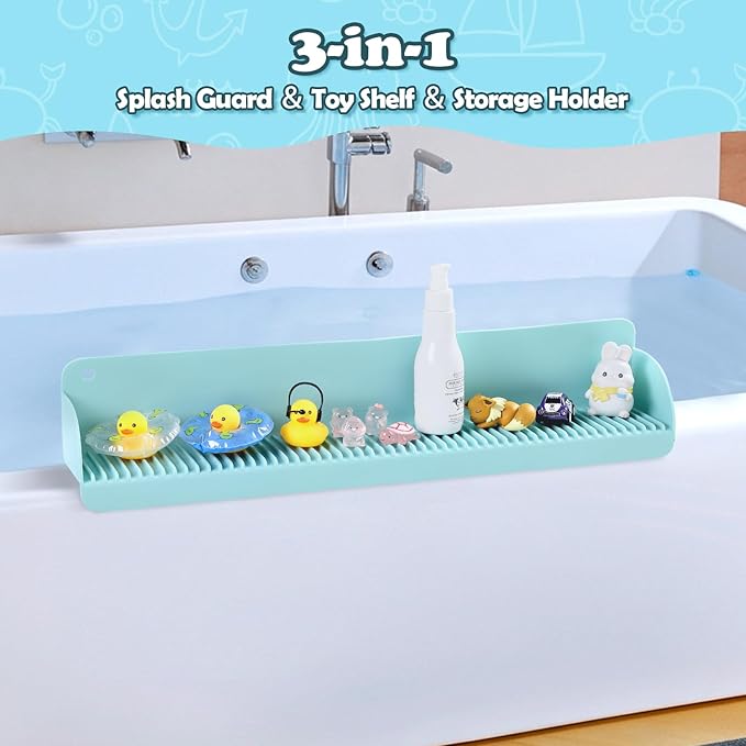 AGPTEK 24 Inch Bathtub Splash Guard with 10 Suction Cups, Silicone Tub Water Splash Guard for Bathtub, Bath Toy Tray Holder Play Shelf for Kids, Universal for Bathroom, Kitchen Sink (Green)