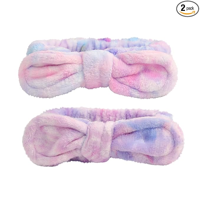 PERFECTSIGHT Kawaii Headband for Spa, Makeup, Washing Face, Party - 2 Pack Cute Bow Hair Band for Shower Beauty Skincare, Soft Facial Headbands for Girls and Women, Rainbow