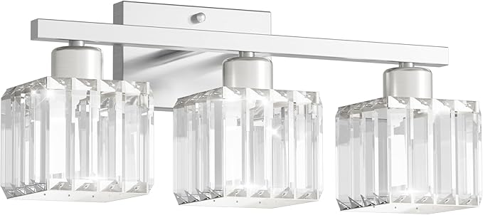 comzler 3-Light Bathroom Light Fixtures Over Mirror, Brushed Nickel Crystal Wall Sconce with E26 Base for Mirror Kitchen Living Room Bathroom, Square Crystal Shades (Bulbs Excluded)
