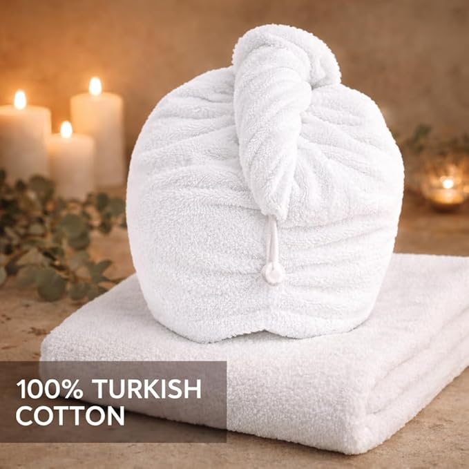 100% Turkish Cotton Hair Towel Wrap 2 Pack – Oeko-TEX Certified Quick Dry Turban for Wet Hair – Soft, Absorbent, Gentle on Curly & Long Hair – 10x26 Inch