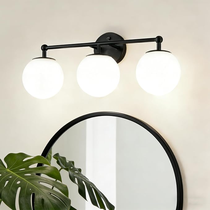 AKEZON 3-Light Black Bathroom Vanity Light Fixture, Modern Minimalist Vanity Lights with Milky White Glass Globe Shade, Wall Sconce Over Mirror Lighting for Bathroom Dressing Table Bedroom Living Room