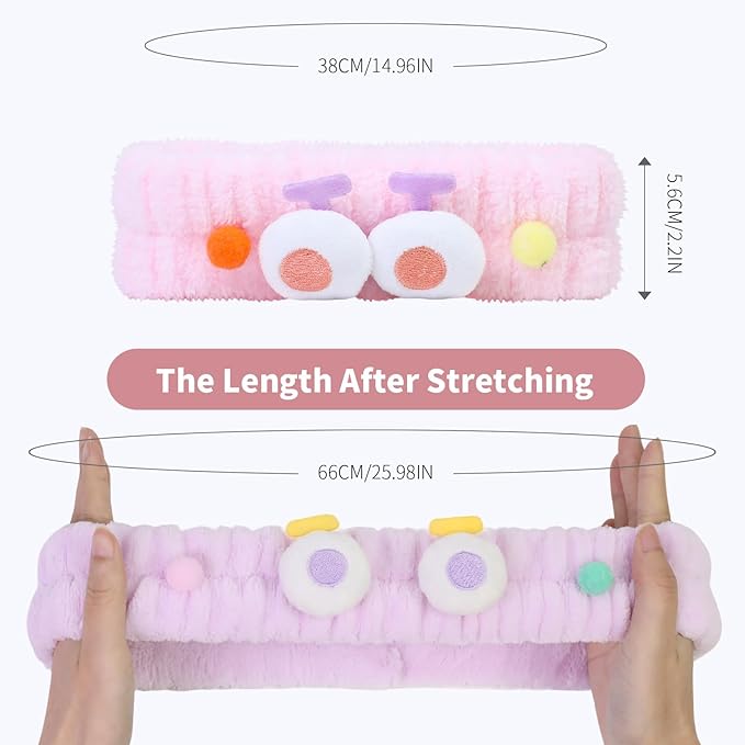 Spa Headband for Washing Face, 2 Pack Cute Hair Band for Shower Yoga Beauty Skincare, Fluffy Makeup Headband, Kawaii Facial Headbands for Woman Girls, Purple+Pink Pompon