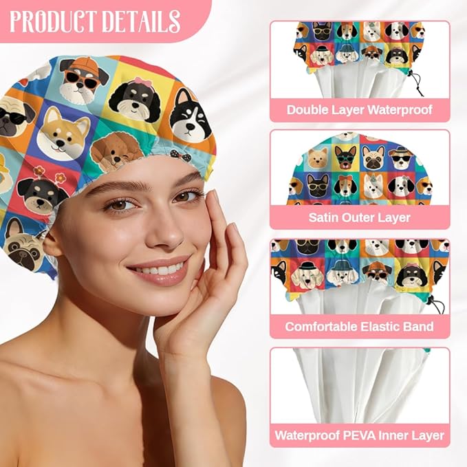 Funny Dog Reusable Shower Cap Cute Double Layer Waterproof Shower Caps Large Elastic Hair Cover Adjustable Hair - Drying Caps for Woman Man Bath SPA Travel One Size Fits Most