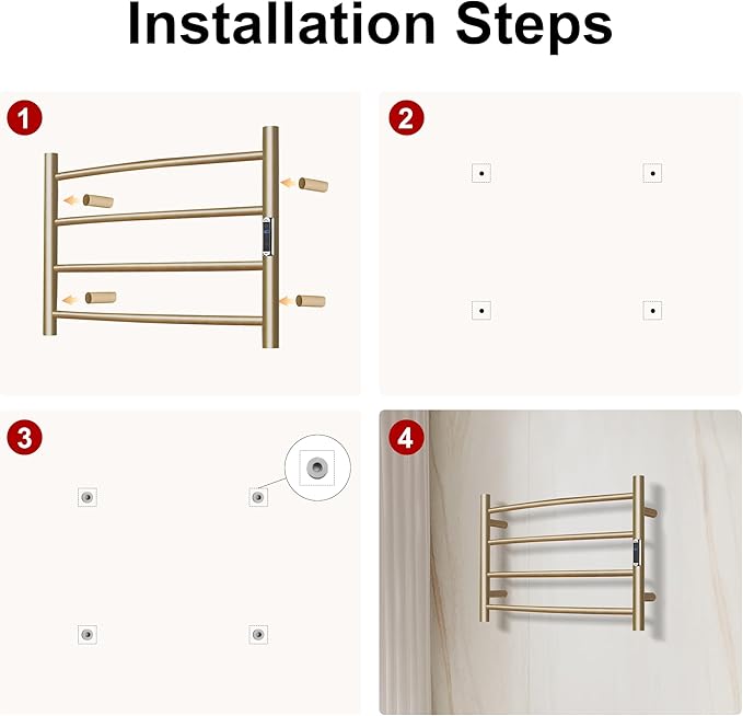 Towel Warmer Bathroom Wall Mounted Drying Rack Plug-in Electric Heated Towel Rack Stainless Steel Gold with Timer & Temperature Control 4 Bar