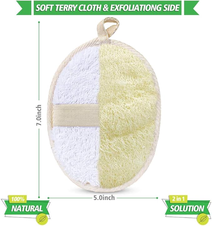 3 Packs Exfoliating Loofah Sponge Pads,Large 5”x 7”-100% Natural Luffa and Terry Cloth Materials,Premium Loofa Sponge Scrubber Body Glove Close Skin for Men and Women,Perfect for Bath Spa and Shower