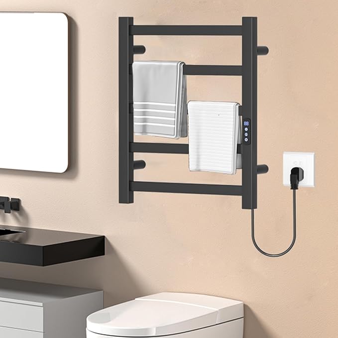 Towel Warmer Black Heated Towel Rack for Bathroom Wall Mounted,5 Bars Electric Wall Mounted Heated Towel Racks for Bathroom,Timer & Temperature Multi-Level Adjustments