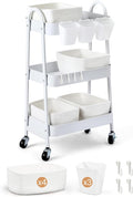 3-Tier Rolling Utility Cart with 4 Woven Baskets, Diaper Book Snack Cart, Storage Organizer for Nursery, Kitchen, Craft Room, Home SPA, Living Room, Metal Frame Trolley on Lockable Wheels, White