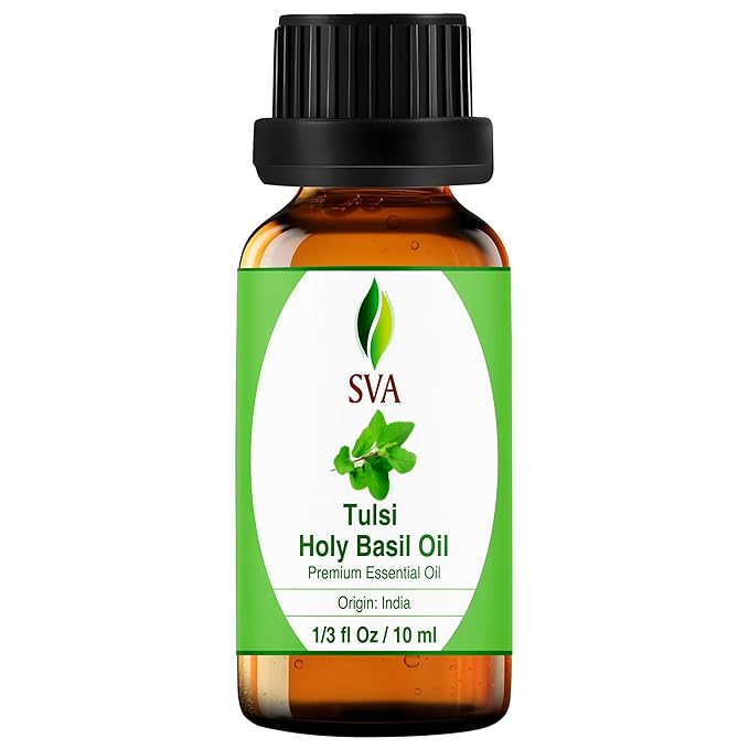 SVA Holy Tulsi Essential Oil – 1/3 Fl Oz – 100% Natural Tulsi Oil - for Diffuser, Hair Care, Face, Skin Care, Aromatherapy, Scalp and Body Massage, Soap and Candle Making