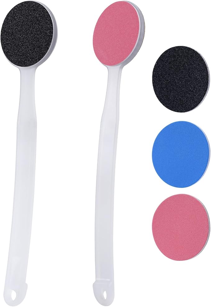 2Pcs Foot File Callus Remover 13.7" Long Handle, 2-in-1 Foot Scrubber with Coarse and Fine Sand Paper Pedicure Tool for Cracked Heels, Dry & Dead Skin, Soft Smooth Feet, Clear White