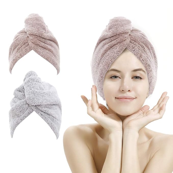 M-bestl 2 Pack Hair Towel Wrap,Rapid Carbon Fiber Hair Drying Towel with Buttons, Microfiber Hair Towel for Drying Curly Hair,Anti-frizz (Star Gray&Star Pink)