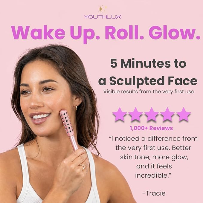Radiance Roller – Germanium Stone Facial Massage Tool/Wand Face Roller for Lifting, Sculpting, De-Puffing, Glow Boost, Energizing & Cooling Effect (Rose Gold)