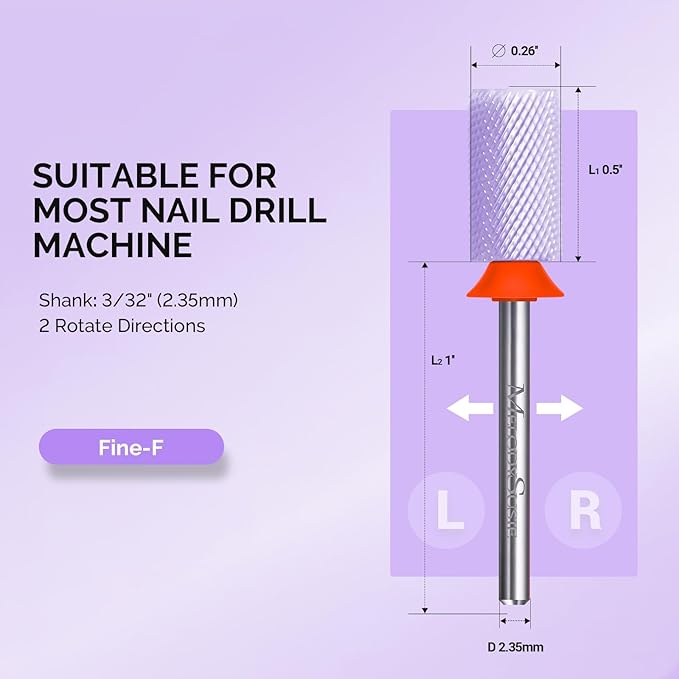 MelodySusie Ceramic Nail Drill Bits, 3/32'' Chamfer Flat Top Large Barrel Bits, Fast Remove Acrylic or Hard Gel, Nail Tool for Manicure Pedicure, Salon Home, Professional or Beginner, Purple, Fine