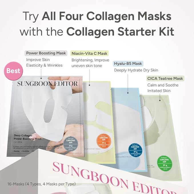 SUNGBOON EDITOR Deep Collagen Starter Kit for Glass Skin, Elasticity, Moisturizing, Calming, Uneven Skin, Overnight Face Mask, Korean Skin Care, 37gx16ea, Gifts for Women
