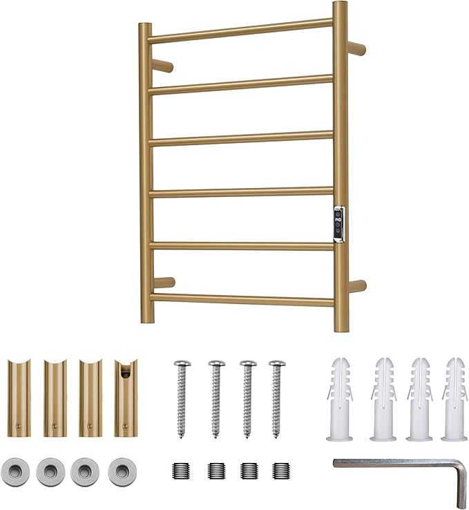 Heated Towel Racks for Bathroom, Wall Mounted Electric Towel Warmer Racks with Timer & Temperature Control, 6 Bar Stainless Steel Towel Heater for Bathroom, Brushed Gold, Plug-in