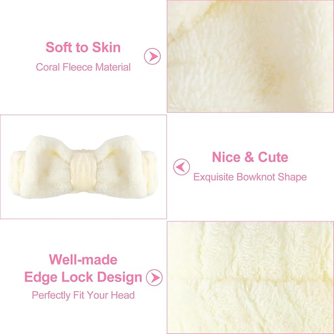 Ondder Spa Skincare Headband for Women - Pink & Beige Bow Design, Makeup & Face Wash Hair Band,8 Pack