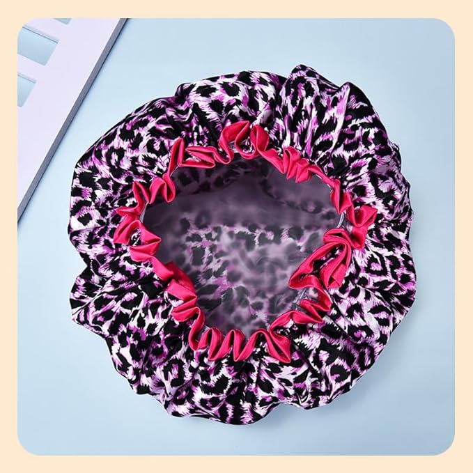 Womens Pink Leopard Print Shower Caps for Women Trendy Large Washable Lined Shower Cap for Braids Ladies Leopard Print Bathing Cap for Long Short Hair Plastic Bath Caps for Women Reusable Waterproof