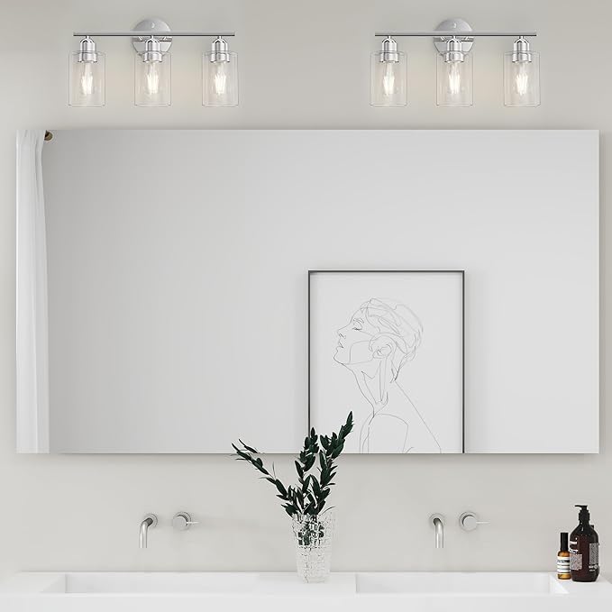 Espird Bathroom Vanity Light Fixtures Polished Chrome Bathroom Lighting Fixture, 3 Lights Bathroom Light Fixture Over Mirror, Modern Black Vanity Light, Wall Sconces with Glass Shades
