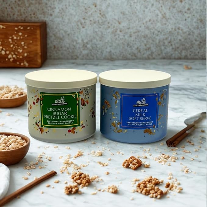 Bath & Body Works Milk BAR Collection Holiday Dessert Scents 3-Wick Scented Candle 2pc Gift Set w/ 40-inch Gold Metallic Ribbon Bow -14.5 oz (Cinnamon Sugar Pretzel Cookie & Cereal Milk Soft Serve)