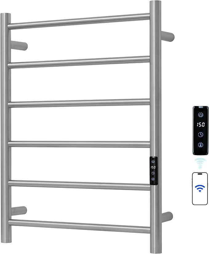 Electric Towel Rack with Voice Control for Alexa & Google Home,TUYA-Wall-Mounted Bathroom Heating Towel Warmer,Plug-in,26.77x20.47x4.39in,Stainless Steel Material,Brushed，6 Bars