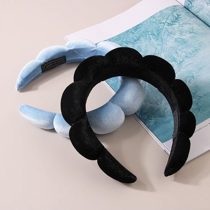 Luckybear Spa Headband for Washing Face, Velvet Makeup, Bubble Skincare With Face Wash Wristbands, Sponge Puffy for Women Skin Care - Black