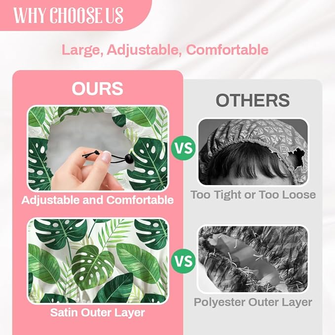 Tropical Leaves Reusable Shower Cap Green Monstera Double Layer Waterproof Shower Caps Large Elastic Hair Cover Adjustable Hair - Drying Caps for Woman Man Bath SPA Travel One Size Fits Most